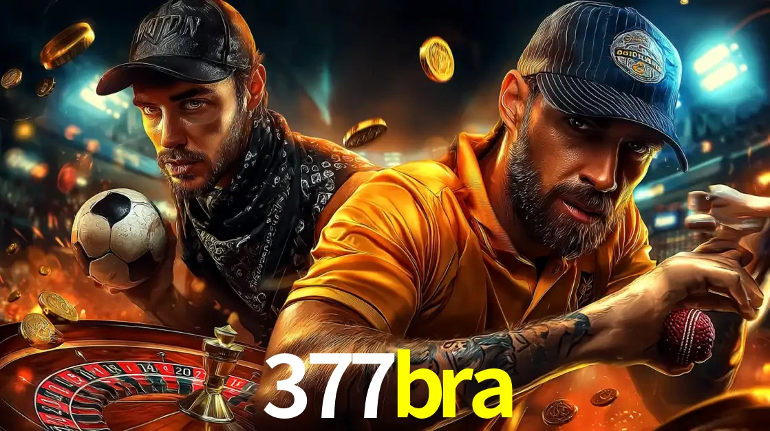 Montagem de apostas esportivas e cassino no 377bra, com um homem segurando uma bola de futebol e outro uma de beisebol sobre uma roleta e moedas voadoras.