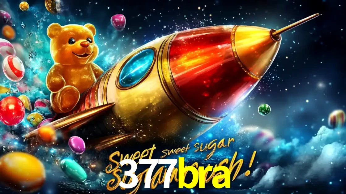 Arte promocional do jogo de slot Sugar Rush, com um urso de pelúcia em um foguete viajando pelo espaço de doces, um dos jogos divertidos disponíveis no cassino 377bra.
