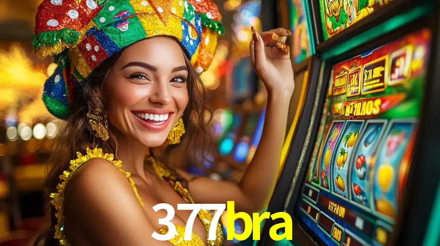 Mulher feliz com traje de carnaval amarelo e colorido ao lado de uma máquina de caça-níqueis, aproveitando a diversão e os jogos temáticos do cassino 377bra.