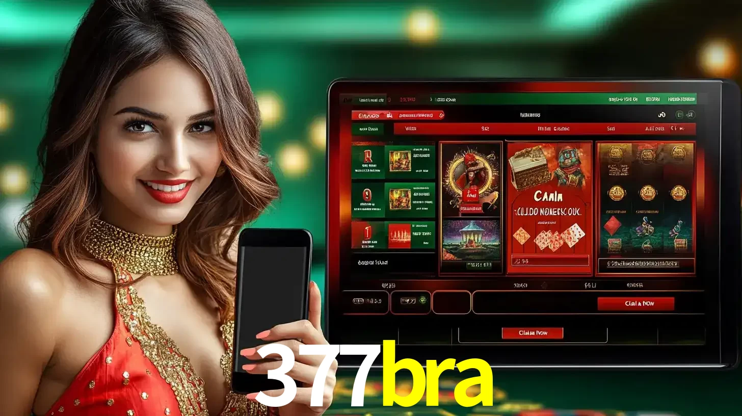 Mulher sorridente segurando um smartphone, ao lado de uma tela exibindo o lobby de jogos do cassino online 377bra, com várias opções de jogos de cartas e slots.